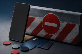 Smartphone sem textos legíveis ao lado de cartões bancários e elementos abstratos de bloqueio digital, representando a proibição das apostas on-line
